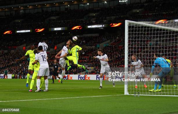Harry Kane of Tottenham Hotspur scores an own goal to make it 1-1 during the UEFA Europa League Round of 32 second leg match between Tottenham...