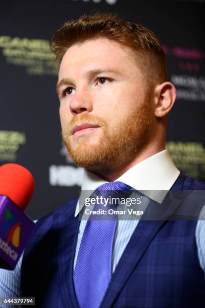 Saul Canelo Alvarez speaks during a press conference to promote the fight between Canelo Alvarez and Julio Cesar Chavez Jr at Minute Maid Park on...