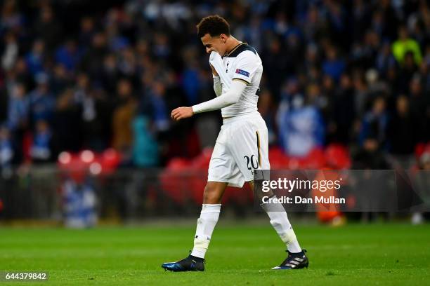 Alli of Tottenham Hotspur reacts as he is sent off during the UEFA Europa League Round of 32 second leg match between Tottenham Hotspur and KAA Gent...