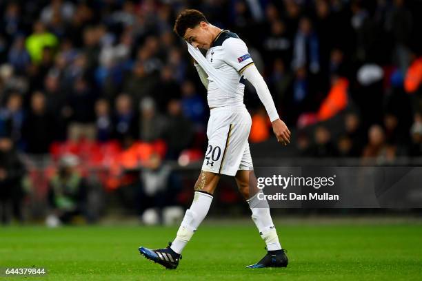 Alli of Tottenham Hotspur reacts as he is sent off during the UEFA Europa League Round of 32 second leg match between Tottenham Hotspur and KAA Gent...