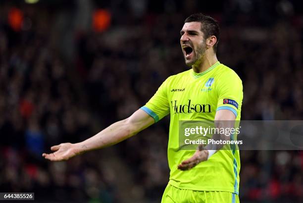 Stefan Mitrovic defender of KAA Gent celebrates scoring a goal pictured during UEFA Europa League Round of 32 second Leg between KAA Gent and...