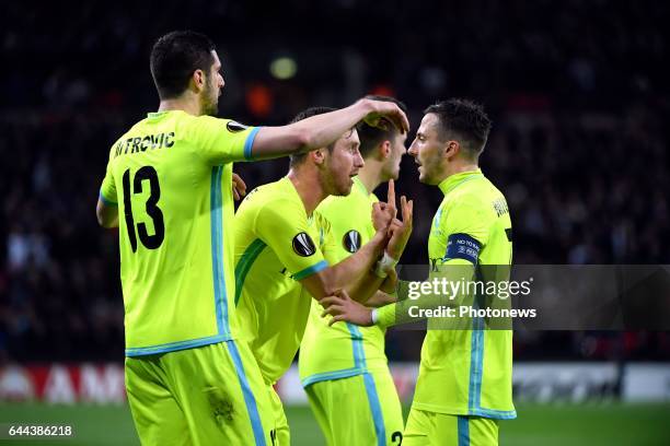 Stefan Mitrovic defender of KAA Gent celebrates scoring a goal pictured during UEFA Europa League Round of 32 second Leg between KAA Gent and...