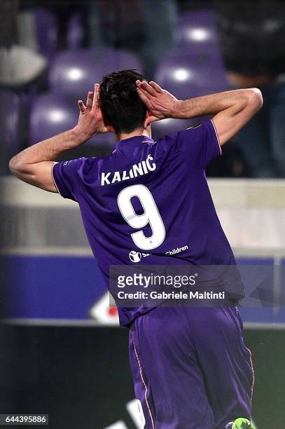 Nikola Kalinic of ACF Fiorentina celebrates after scoring a goal during the UEFA Europa League Round of 32 second leg match between ACF Fiorentina...