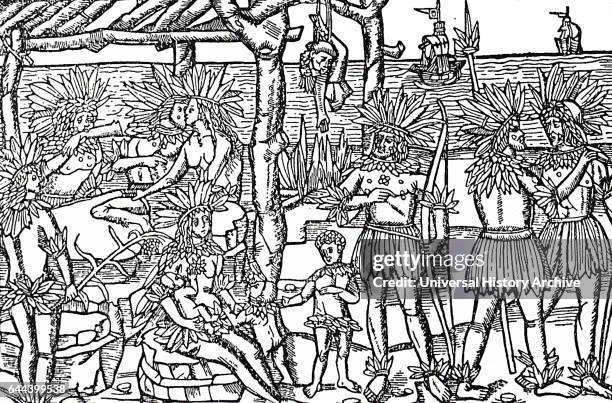 First published representation of people of the New World. Human flesh is being eaten , and part of a human body is hanging fro a beam. . According...