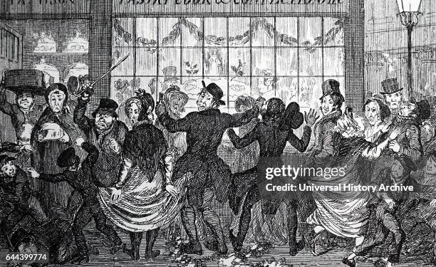 Street urchins causing havoc in the crowd outside a confectioner's and pastry cook's shop on Twelfth Night. Illustration for January from George...