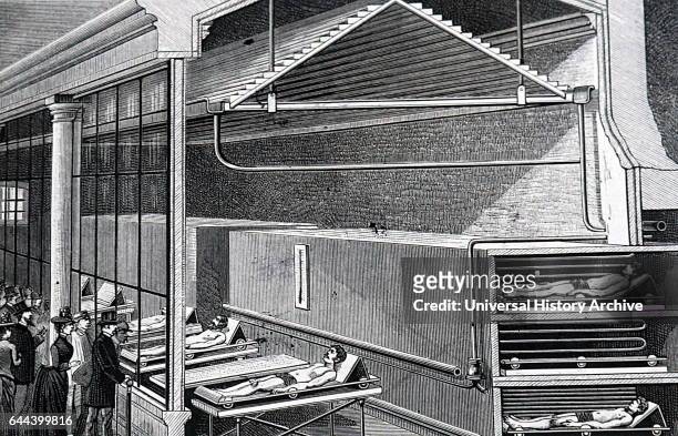 Illustration depicting corpses at the Paris morgue stored in chilled chambers. Dated 19th Century.