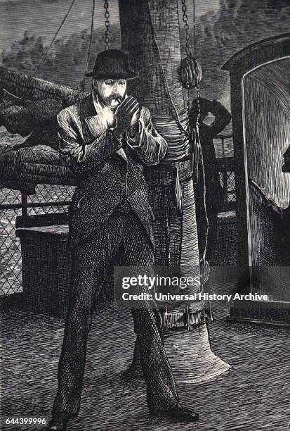 Illustration depicting a yachting holiday, a gentleman is having a cigar on the deck after dinner. Dated 19th Century.