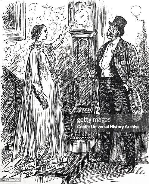 Illustration depicting a wife asking her husband why he was late. Dated 19th Century.