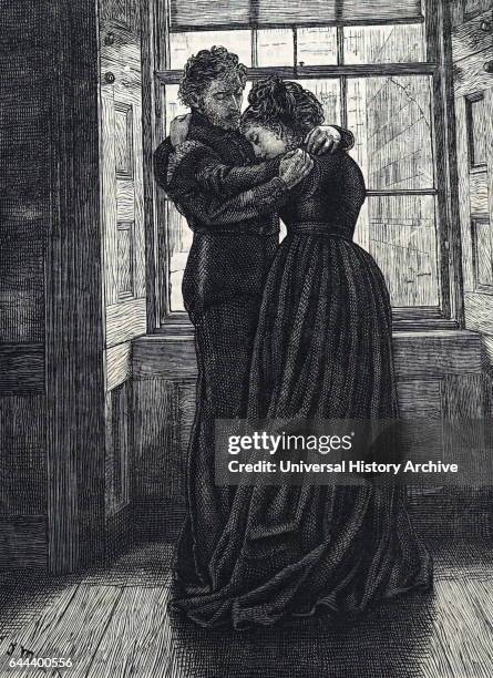 Brother and sister joined in grief after the death of a parent. Victorian English illustration, 1872.