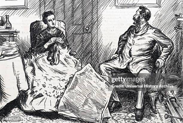 Husband and wife discuss social and political issues in Victorian England, 1874.