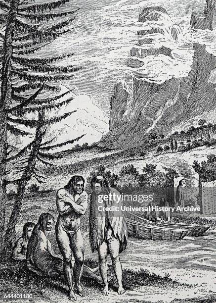 Natives of Patagonia encountered by Ferdinand Magellan during the first voyage of circumnavigation . Engraving published Leipzig 1754.