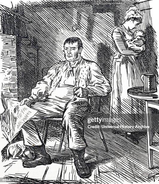 Illustration of a drunken husband sitting in his chair, whilst his wife is nursing their infant child. Dated 19th Century.