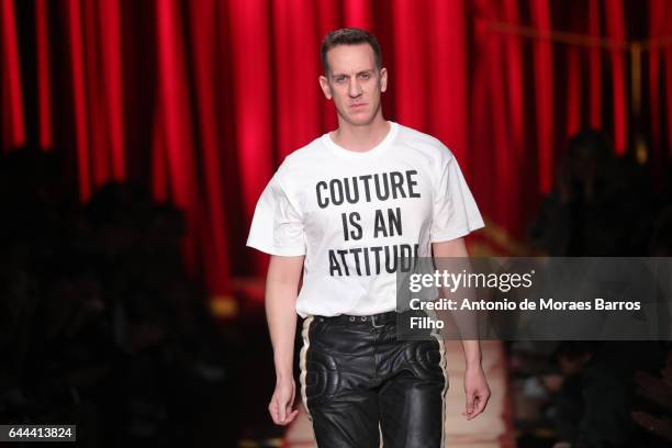 Jeremy Scott walks the runway at the Moschino show during Milan Fashion Week Fall/Winter 2017/18 on February 23, 2017 in Milan, Italy.
