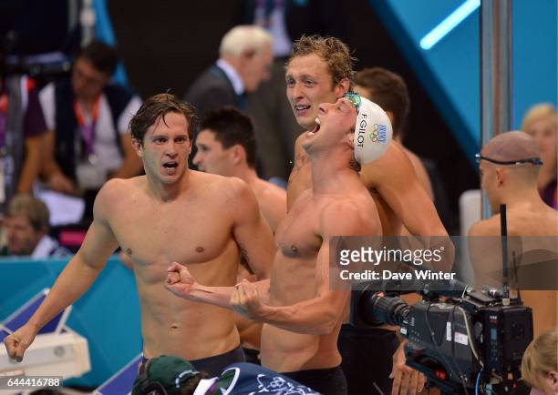Victoire Equipe de France - Clement LEFERT / Amaury LEVEAUX / Fabien GILOT - - FInale Relais 4x100m - Aquatics Centre - Jeux Olympiques Londres 2012,...
