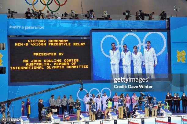 Equipe de France - Amaury LEVEAUX / Fabien GILOT / Clement LEFERT / Yannick AGNEL - - FInale Relais 4x100m - Aquatics Centre - Jeux Olympiques...