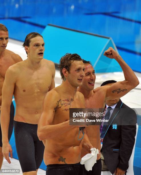 Victoire Equipe de France - Amaury LEVEAUX / Fabien GILOT / Yannick AGNEL - - FInale Relais 4x100m - Aquatics Centre - Jeux Olympiques Londres 2012,...