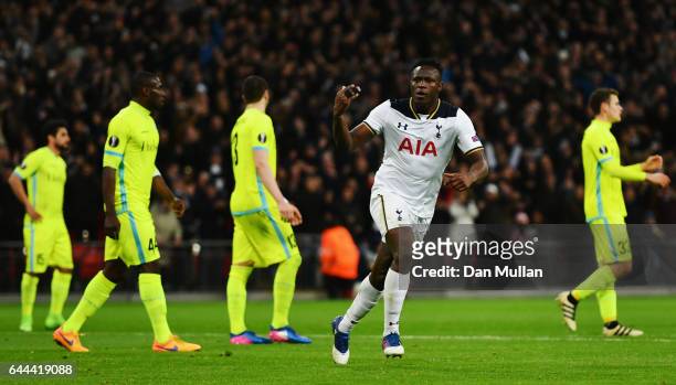 Victor Wanyama of Tottenham Hotspur celebrates as he scores their second goal during the UEFA Europa League Round of 32 second leg match between...