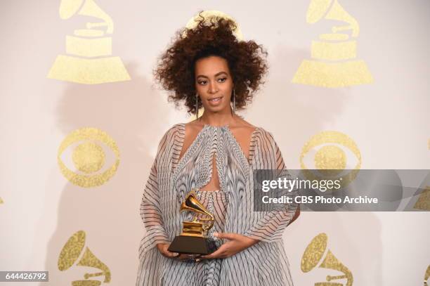 Solange poses for photographs backstage at THE 59TH ANNUAL GRAMMY AWARDS, broadcast live from the STAPLES Center in Los Angeles, Sunday, Feb. 12 on...