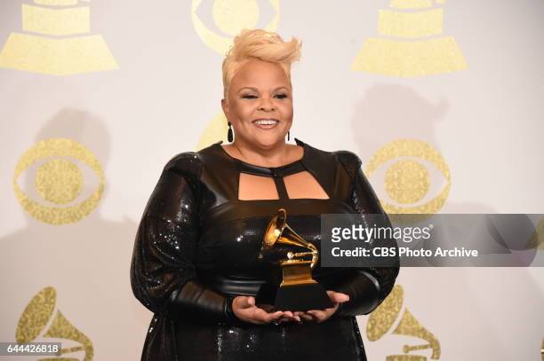 Tamela Mann poses for photographs backstage at THE 59TH ANNUAL GRAMMY AWARDS, broadcast live from the STAPLES Center in Los Angeles, Sunday, Feb. 12...