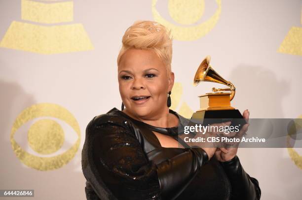 Tamela Mann poses for photographs backstage at THE 59TH ANNUAL GRAMMY AWARDS, broadcast live from the STAPLES Center in Los Angeles, Sunday, Feb. 12...