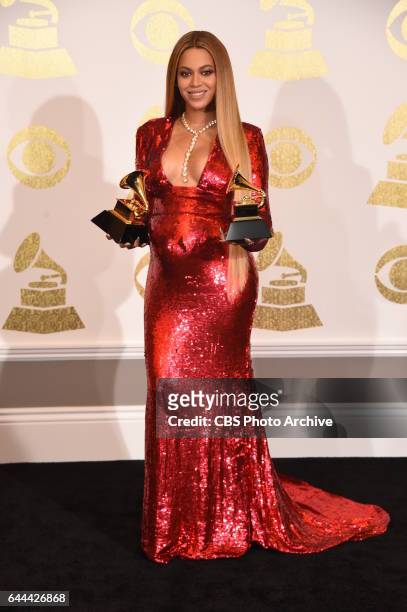 Beyoncé poses for photographs backstage at THE 59TH ANNUAL GRAMMY AWARDS, broadcast live from the STAPLES Center in Los Angeles, Sunday, Feb. 12 on...