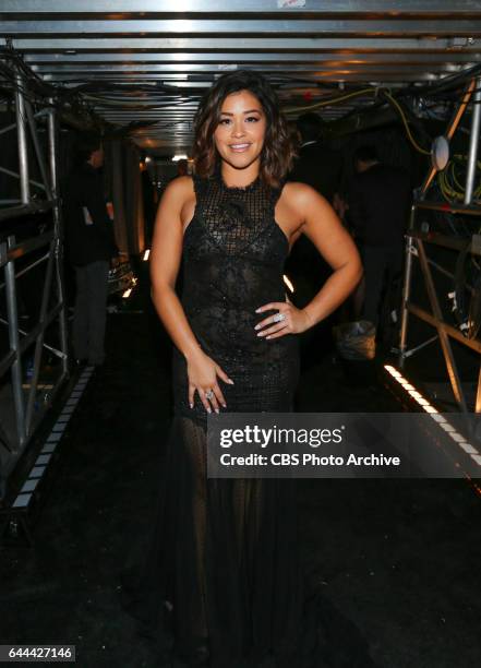 Gina Rodriguez backstage at THE 59TH ANNUAL GRAMMY AWARDS, broadcast live from the STAPLES Center in Los Angeles, Sunday, Feb. 12 on the CBS...