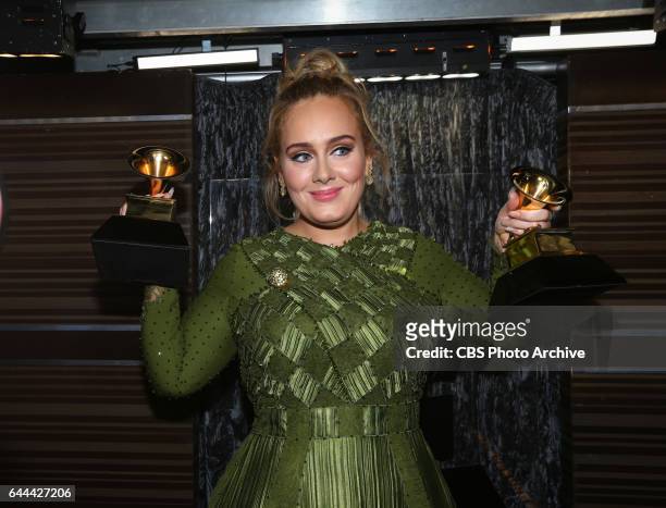 Adele, winner of Record of the Year, backstage at THE 59TH ANNUAL GRAMMY AWARDS, broadcast live from the STAPLES Center in Los Angeles, Sunday, Feb....