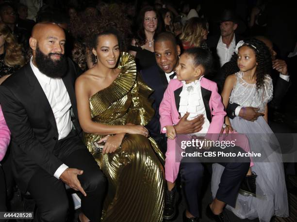 Alan Ferguson, Solange Knowles, Jay Z, Blue Ivy Carter during THE 59TH ANNUAL GRAMMY AWARDS, broadcast live from the STAPLES Center in Los Angeles,...