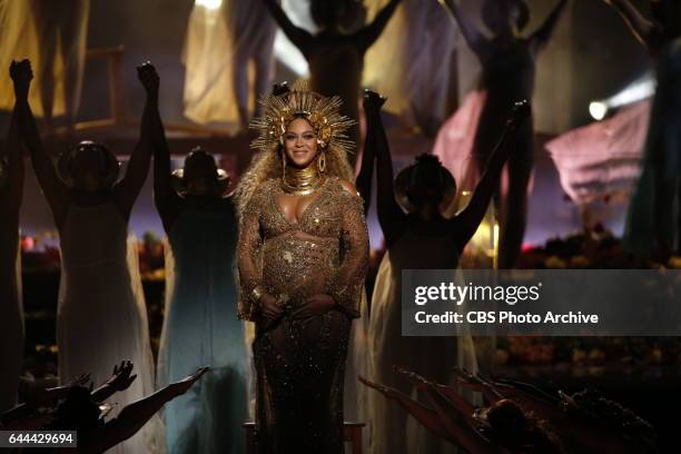 Beyonce performs during THE 59TH ANNUAL GRAMMY AWARDS, broadcast live from the STAPLES Center in Los Angeles, Sunday, Feb. 12 on the CBS Television...