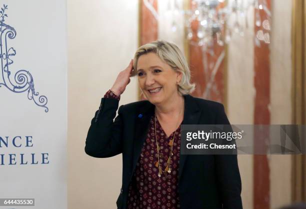 French far-right political party National Front President, Marine Le Pen gestures after a press conference focused on the theme 'France's...