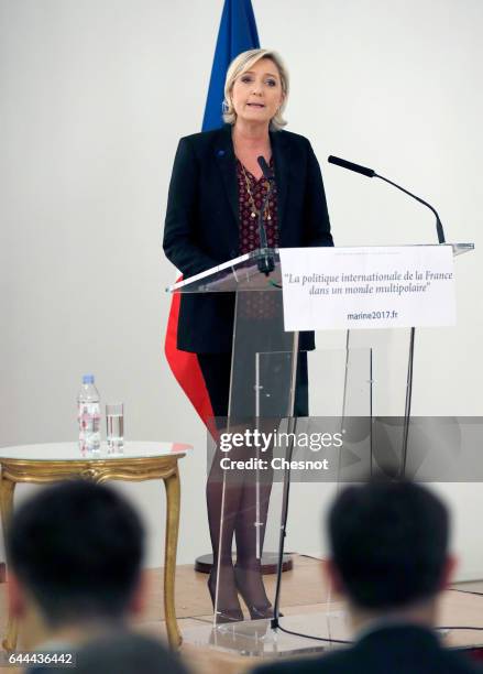 French far-right political party National Front President, Marine Le Pen delivers a speech focused on the theme 'France's international policy in a...