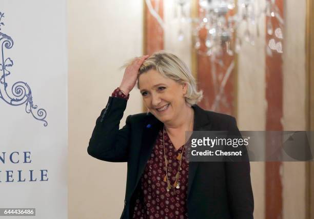 French far-right political party National Front President, Marine Le Pen gestures after a press conference focused on the theme 'France's...