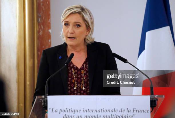 French far-right political party National Front President, Marine Le Pen delivers a speech focused on the theme 'France's international policy in a...