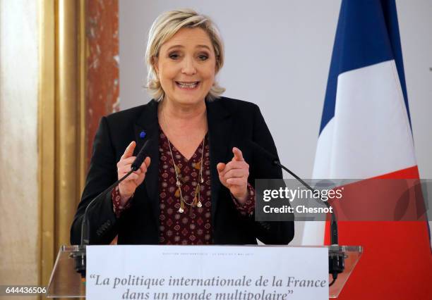 French far-right political party National Front President, Marine Le Pen delivers a speech focused on the theme 'France's international policy in a...