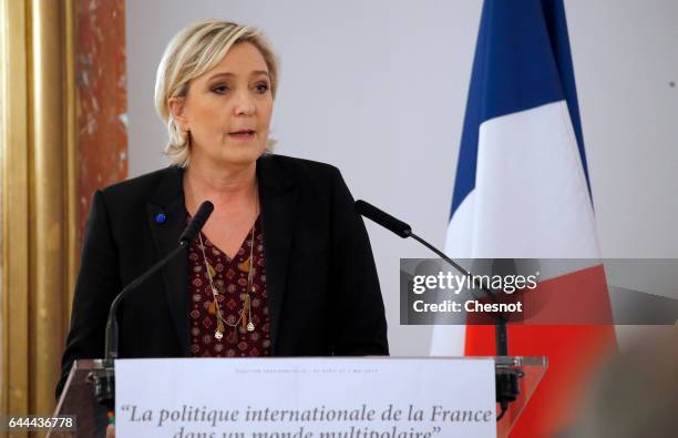 French far-right political party National Front President, Marine Le Pen delivers a speech focused on the theme 'France's international policy in a...