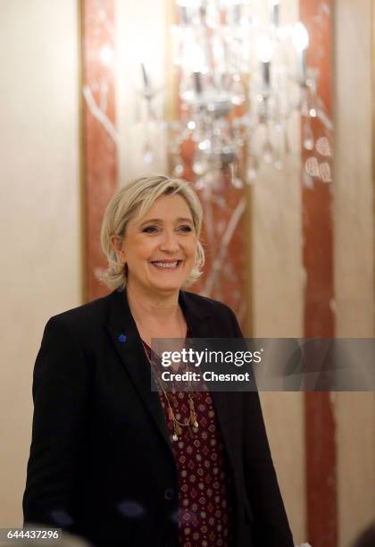 French far-right political party National Front President, Marine Le Pen smiles after a press conference focused on the theme 'France's international...