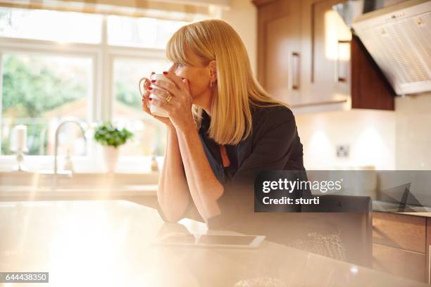 depressed woman in her kitchen - midlife crisis stock pictures, royalty-free photos & images