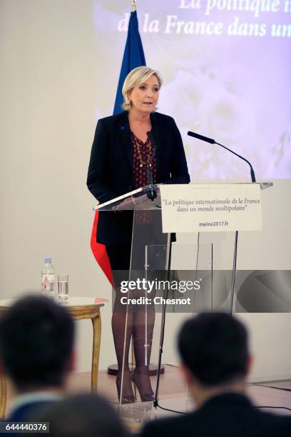 French far-right political party National Front President, Marine Le Pen delivers a speech focused on the theme 'France's international policy in a...