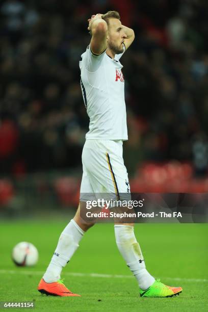 Harry Kane of Tottenham Hotspur reacts during the UEFA Europa League Round of 32 second leg match between Tottenham Hotspur and KAA Gent at Wembley...