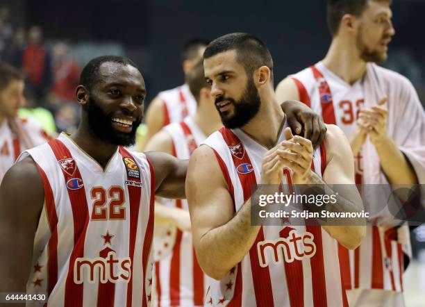 Charles Jenkins and Branko Lazic of crvena Zvezda celebrate after 2016/2017 Turkish Airlines EuroLeague Regular Season Round 23 game between Crvena...