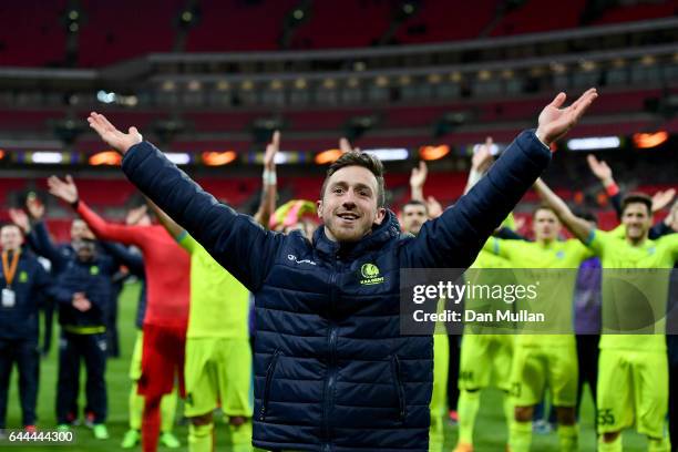 Brecht Dejaegere of Gent leada a team celebration after the UEFA Europa League Round of 32 second leg match between Tottenham Hotspur and KAA Gent at...