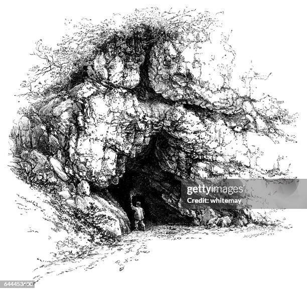 entrance to the grotte de han - cave entrance stock illustrations