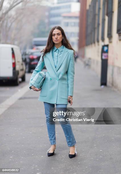 Erika Boldrin wearing a pastel blazer outside Max Mara during Milan Fashion Week Fall/Winter 2017/18 on February 23, 2017 in Milan, Italy.