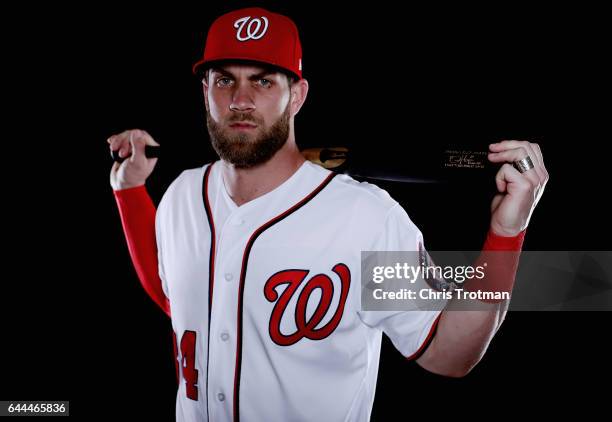 Bryce Harper of the Washington Nationals poses for a portrait during Washington Nationals Photo Day at The Ballpark of the Palm Beaches on February...