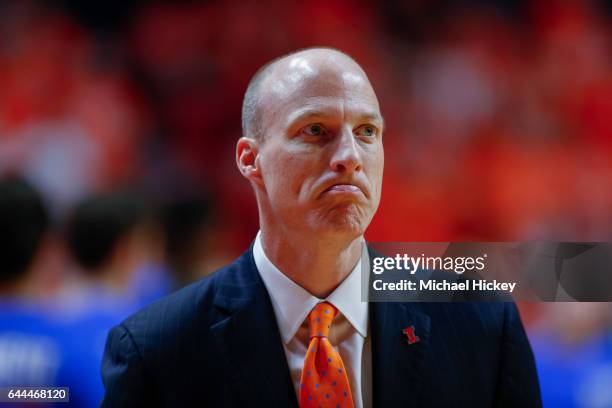 Head coach John Groce of the Illinois Fighting Illini is seen before the game against the Northwestern Wildcats at State Farm Center on February 21,...