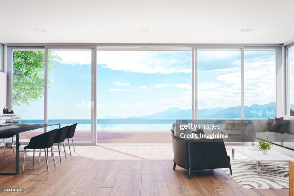 Modern Luxury Living Room With Pool And Ocean View