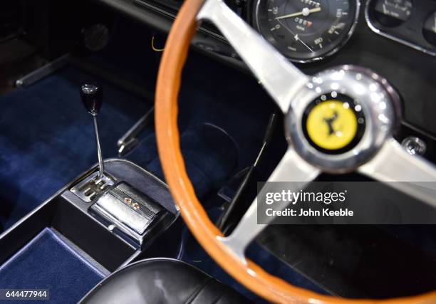 Ferrari interior on display at London Classic Car Show at ExCel on February 23, 2017 in London, England. The London Classic Car Show brings together...