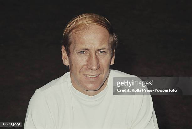 English international footballer and player with Manchester United, Bobby Charlton pictured wearing his England shirt on 3rd November 1969 prior to...