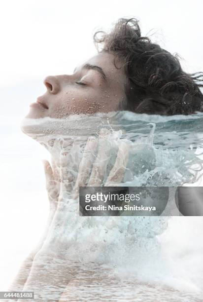 ocean waves and woman's body - double exposure image - curly waves stock pictures, royalty-free photos & images