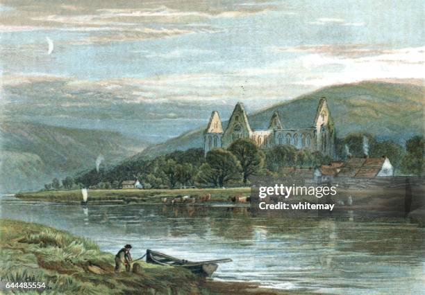 sunset on tintern abbey - tintern abbey stock illustrations